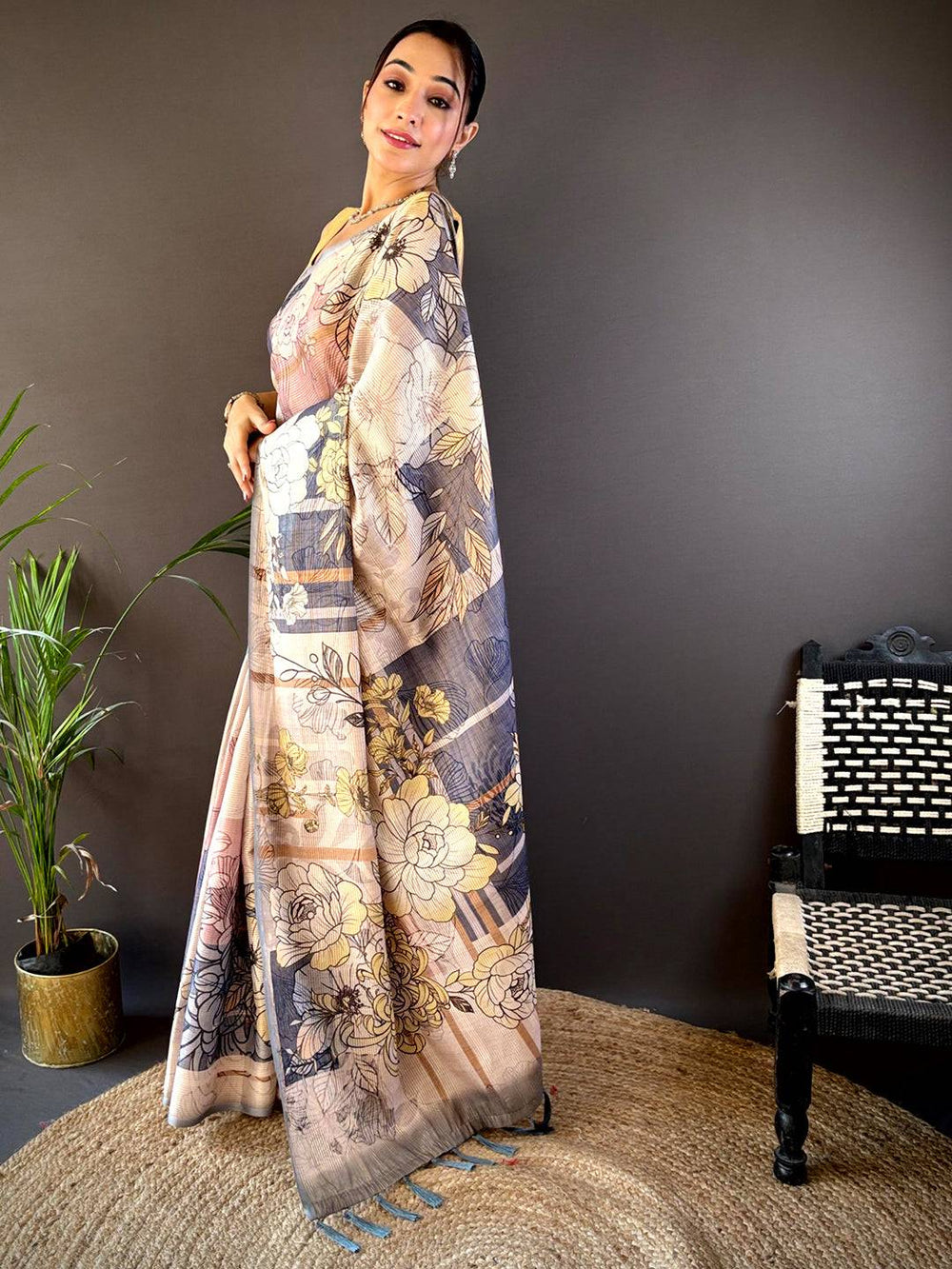 Beige Soft Silk Saree with Grey Floral Digital Print & Contrast Tassel Pallu