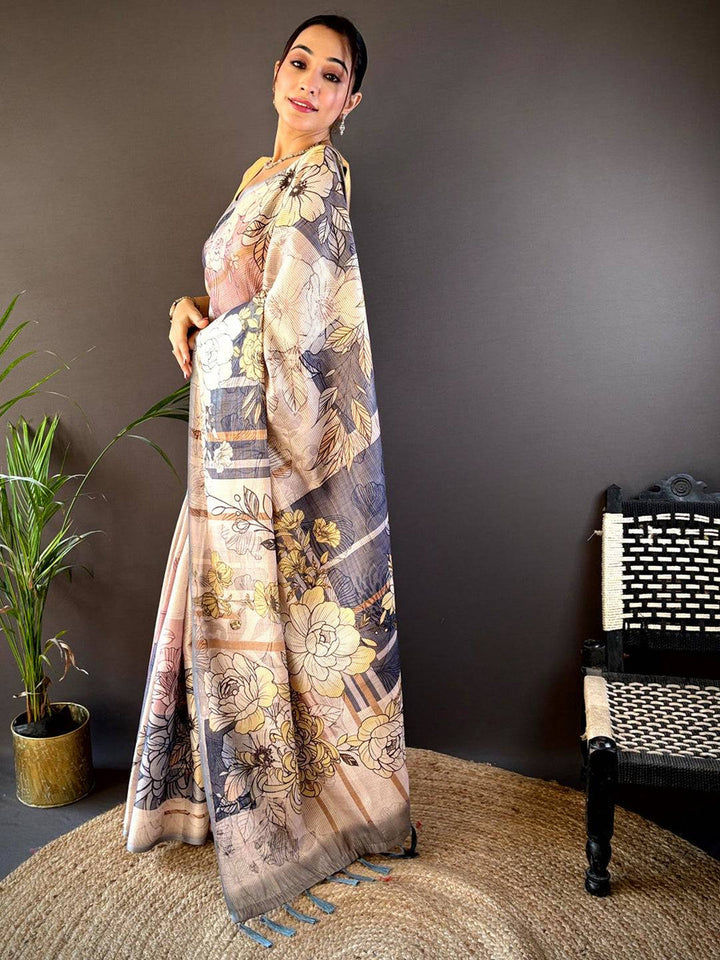 Beige Soft Silk Saree with Grey Floral Digital Print & Contrast Tassel Pallu