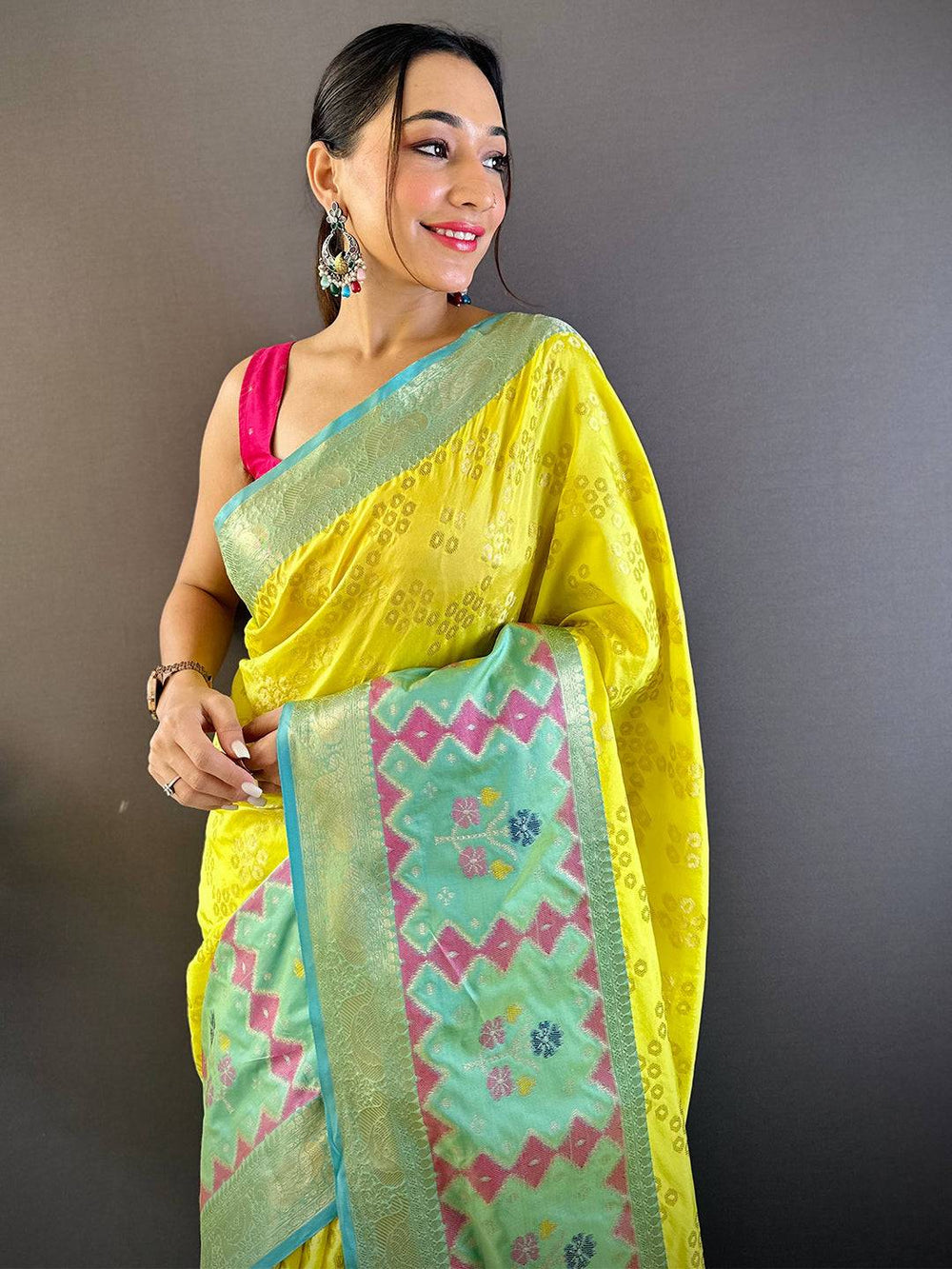 Yellow & Aqua Patola Design Soft Silk Saree with Contrast Pink Blouse
