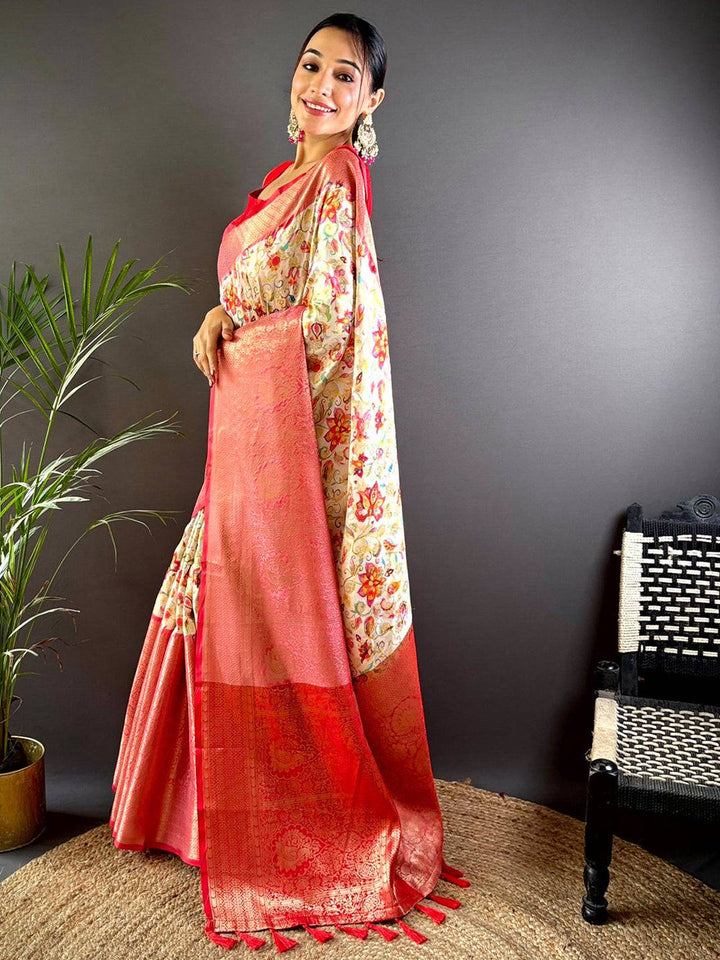 Cream Floral Soft Silk Saree with Red Banarasi Zari Border & Tassels