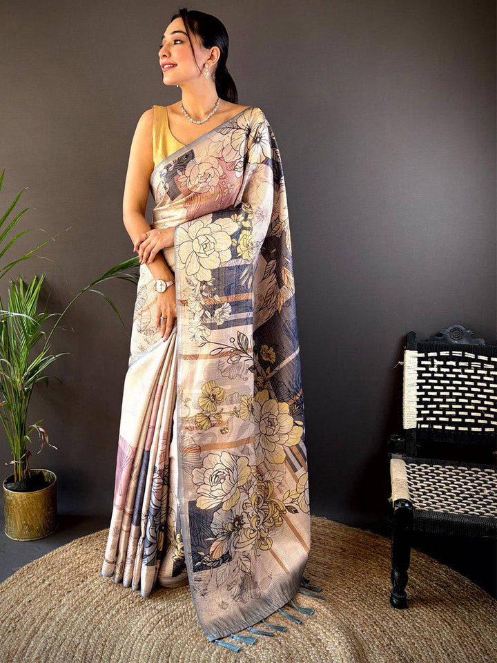 Beige Soft Silk Saree with Grey Floral Digital Print & Contrast Tassel Pallu