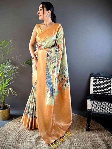 Peach & Mint Soft Silk Saree with Artistic Printed Pallu & Golden Zari Border