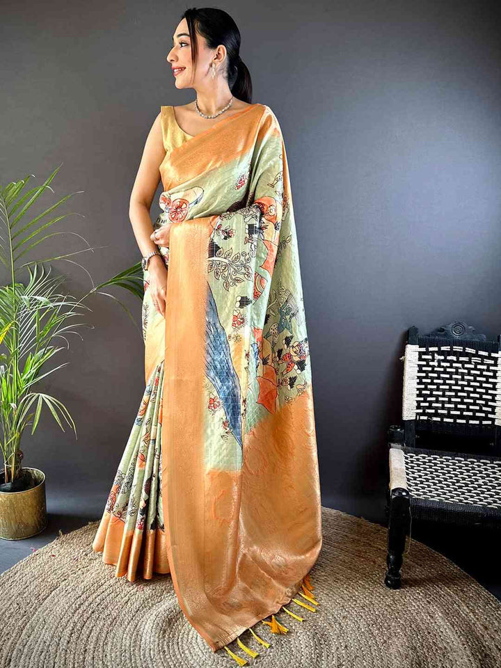 Peach & Mint Soft Silk Saree with Artistic Printed Pallu & Golden Zari Border