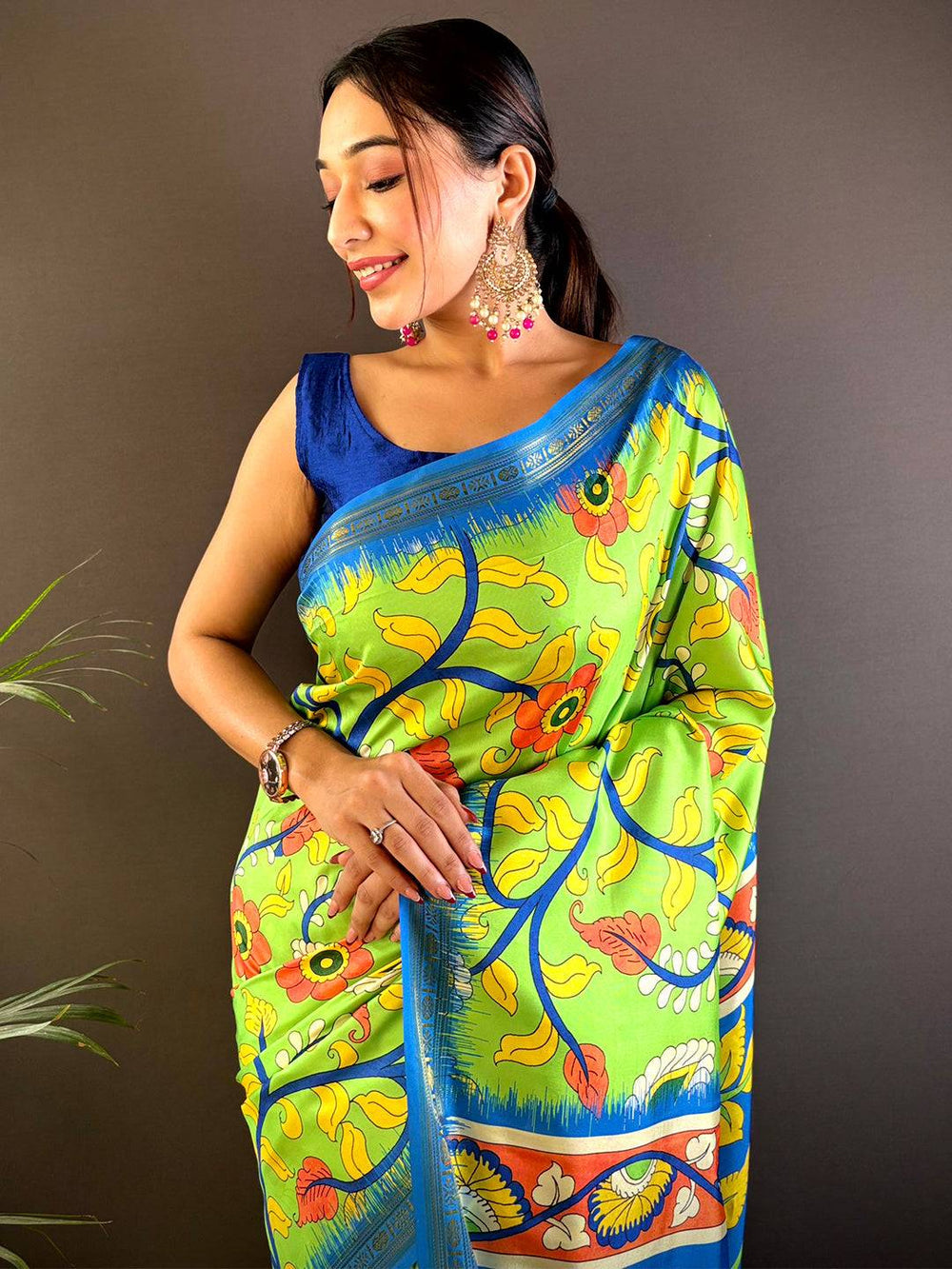 Lime Green & Royal Blue Madhubani Soft Silk Saree with Traditional Animal & Floral Print