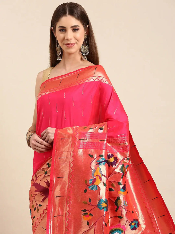 Pink Kanjivaram Silk Saree with Gold Zari Border & Multicolor Meenakari Weaving