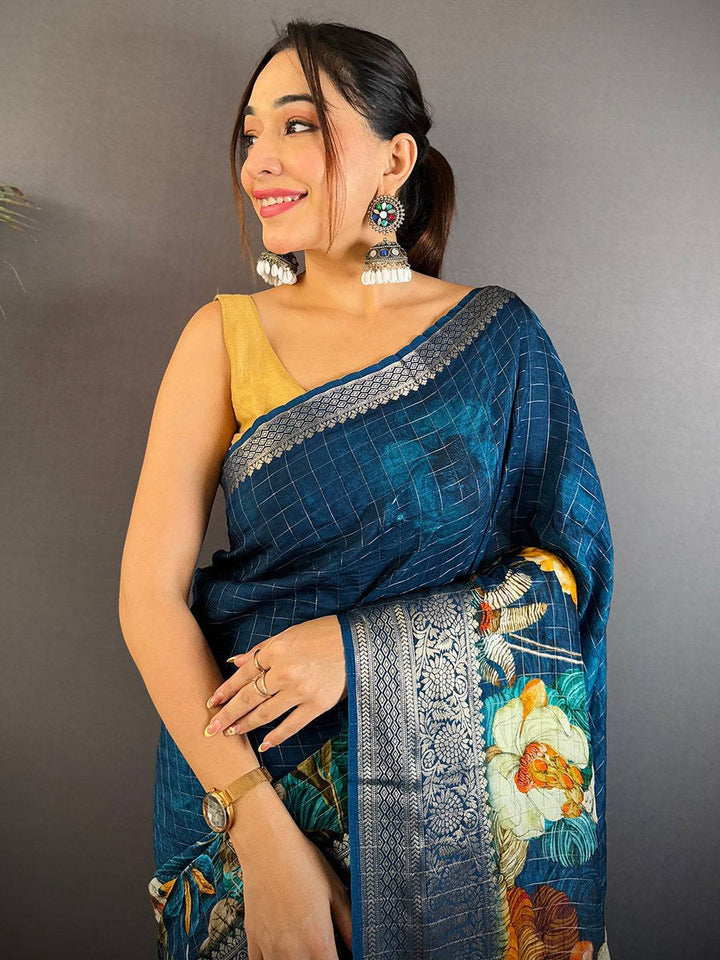 Navy Blue Floral Printed Silk Saree with Silver Zari Border & Rich Pallu