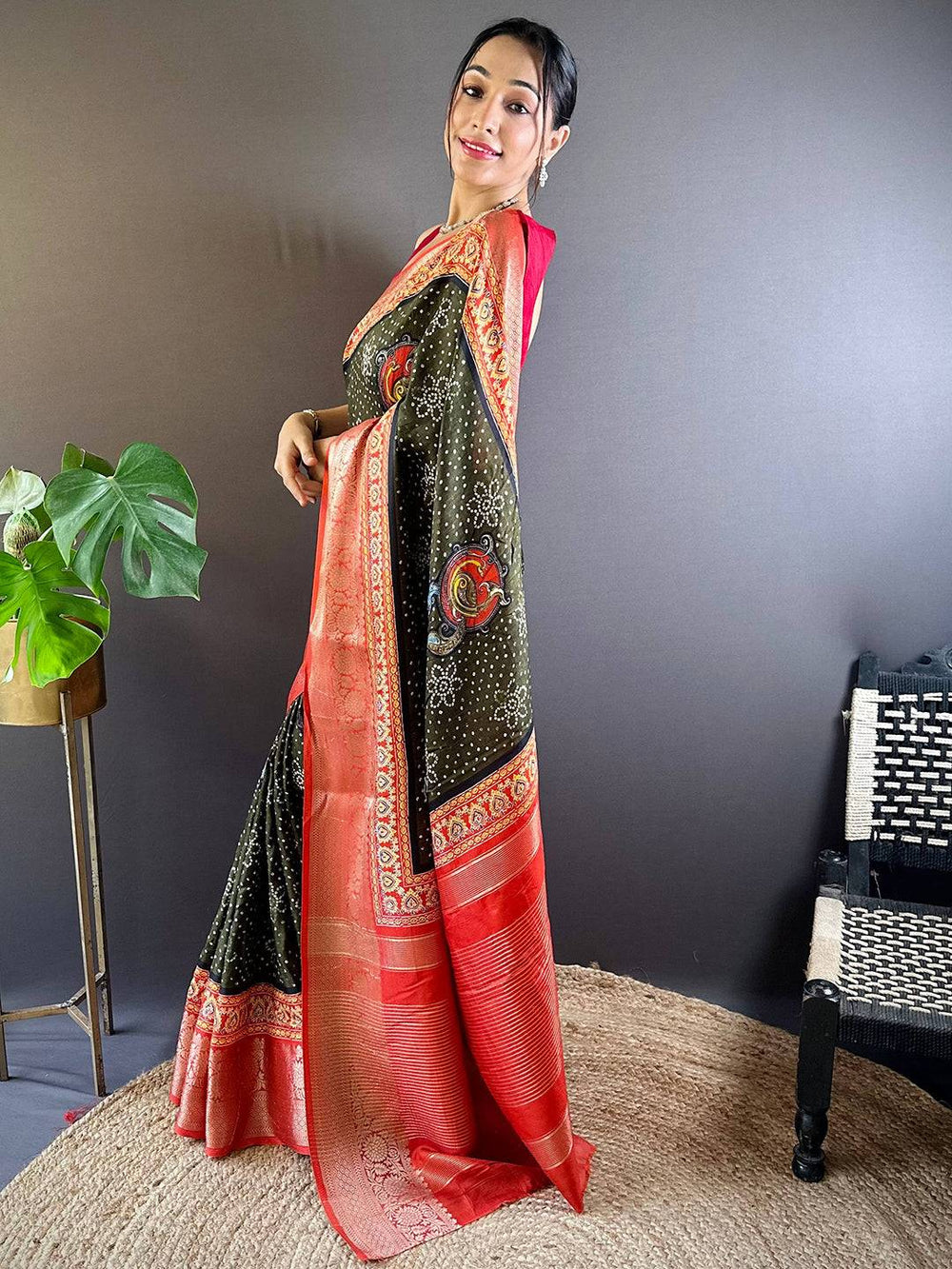 Black & Red Bandhani Print Soft Silk Saree with Rich Zari Border