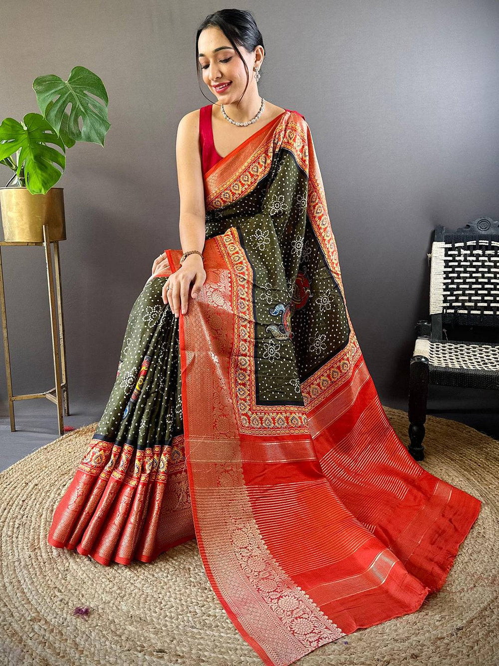 Black & Red Bandhani Print Soft Silk Saree with Rich Zari Border