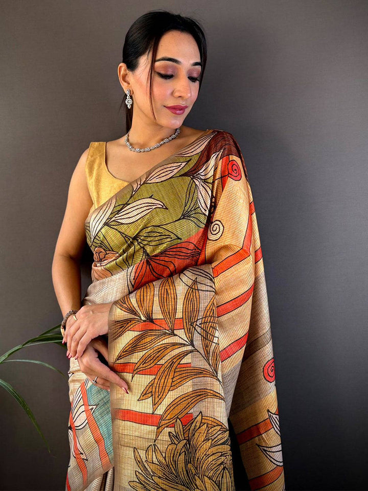 Multicolor Soft Silk Saree with Artistic Abstract Floral Print & Contrast Tassel Pallu