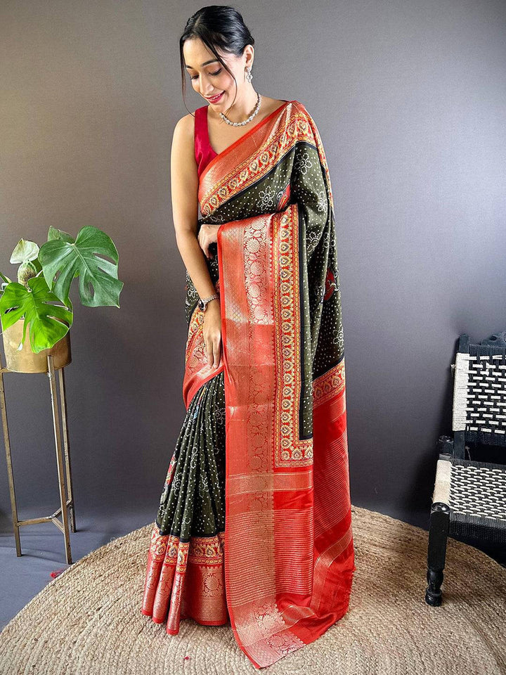 Black & Red Bandhani Print Soft Silk Saree with Rich Zari Border