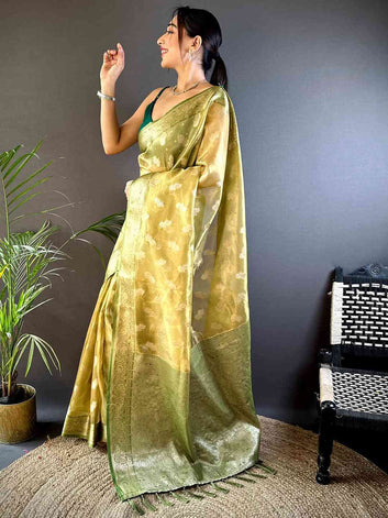Olive Green Banarasi Soft Silk Saree with Silver Zari Woven Motifs & Tassel Pallu