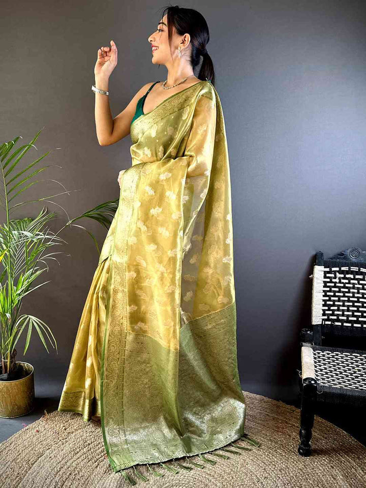 Olive Green Banarasi Soft Silk Saree with Silver Zari Woven Motifs & Tassel Pallu