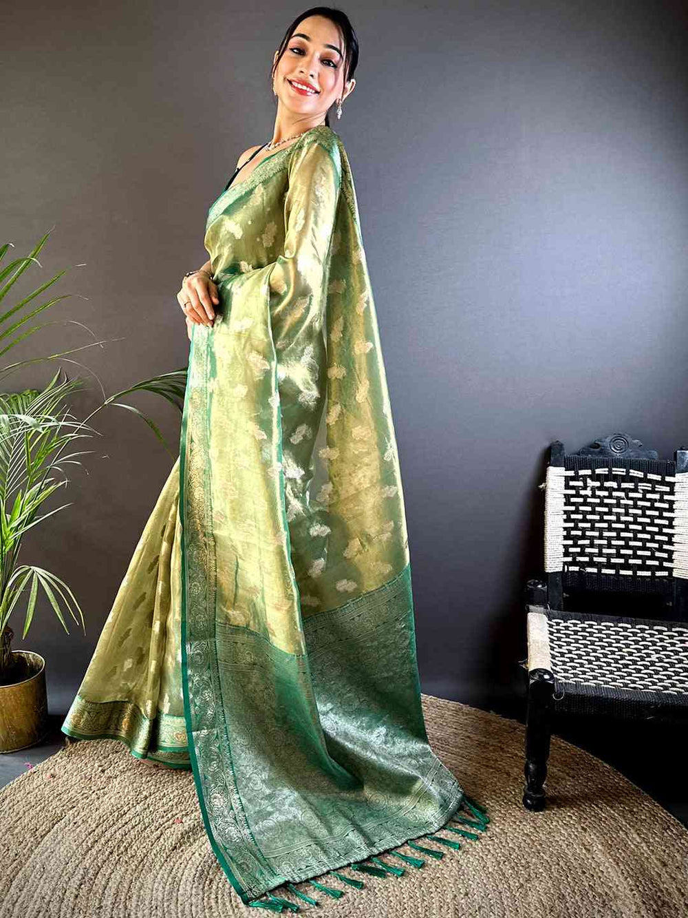 Pastel Green Banarasi Soft Silk Saree with Silver Zari Weaving & Contrast Green Border