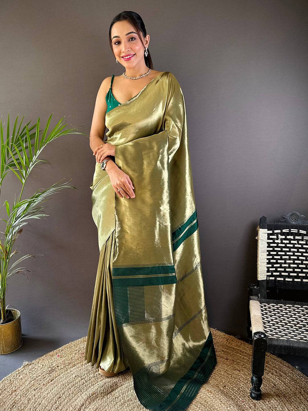 Olive Green Plain Soft Silk Saree with Contrast Bottle Green Border