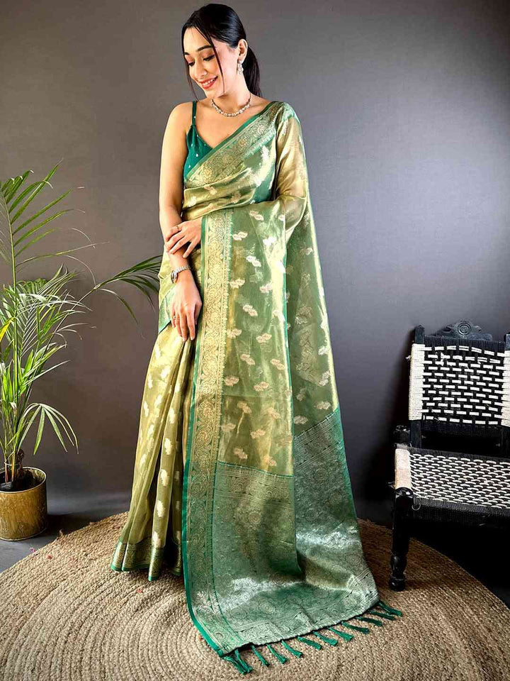 Pastel Green Banarasi Soft Silk Saree with Silver Zari Weaving & Contrast Green Border