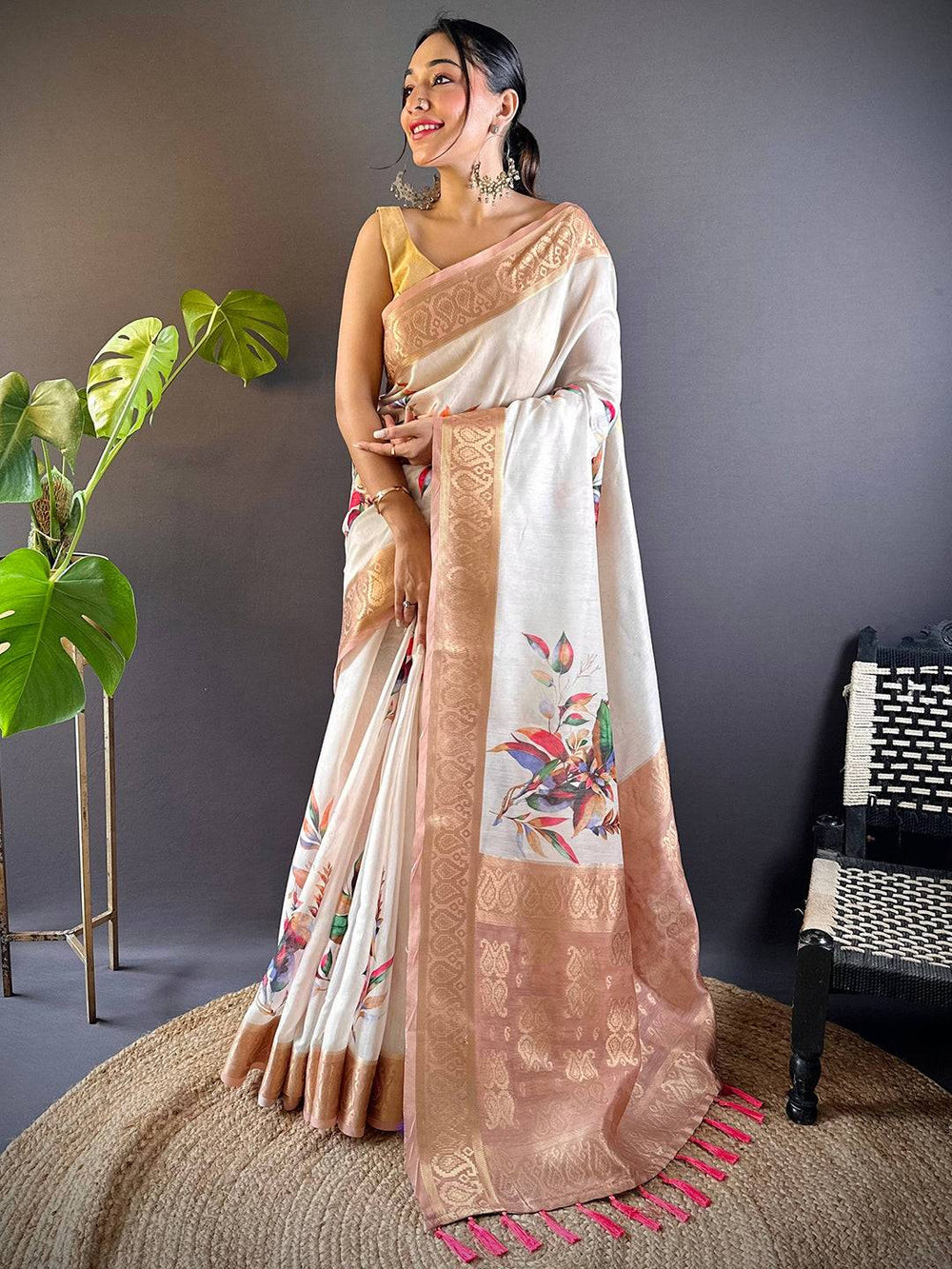 White & Peach Floral Print Soft Silk Saree with Rich Zari Border