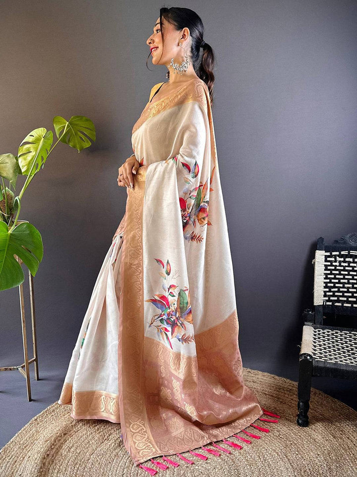 White & Peach Floral Print Soft Silk Saree with Rich Zari Border