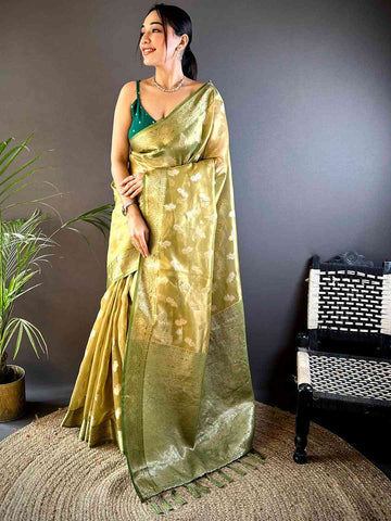 Olive Green Banarasi Soft Silk Saree with Silver Zari Woven Motifs & Tassel Pallu