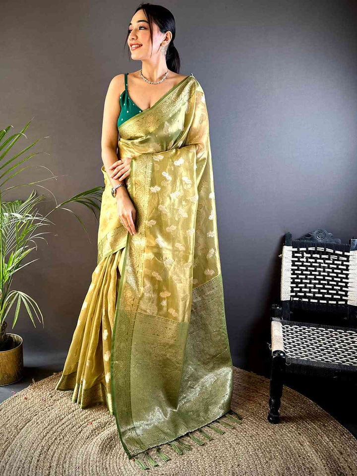 Olive Green Banarasi Soft Silk Saree with Silver Zari Woven Motifs & Tassel Pallu