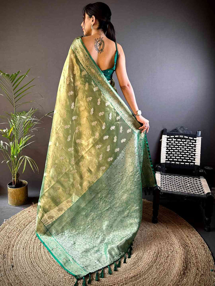 Pastel Green Banarasi Soft Silk Saree with Silver Zari Weaving & Contrast Green Border