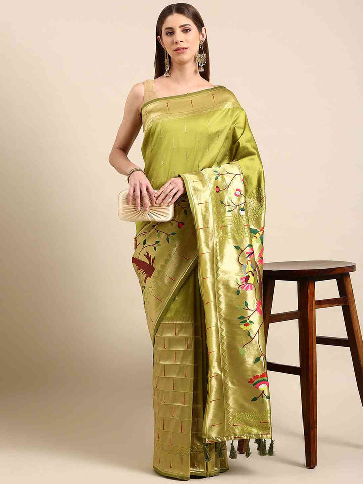 Olive Green Kanjivaram Silk Saree with Gold Zari Border & Multicolor Floral Weaving
