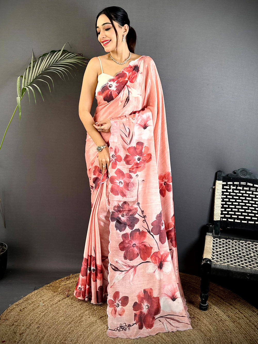 Peach Floral Printed Soft Silk Saree with Watercolor Flowers & Elegant Lightweight Drape