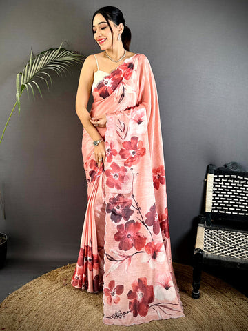 Peach Floral Printed Soft Silk Saree with Watercolor Flowers & Elegant Lightweight Drape
