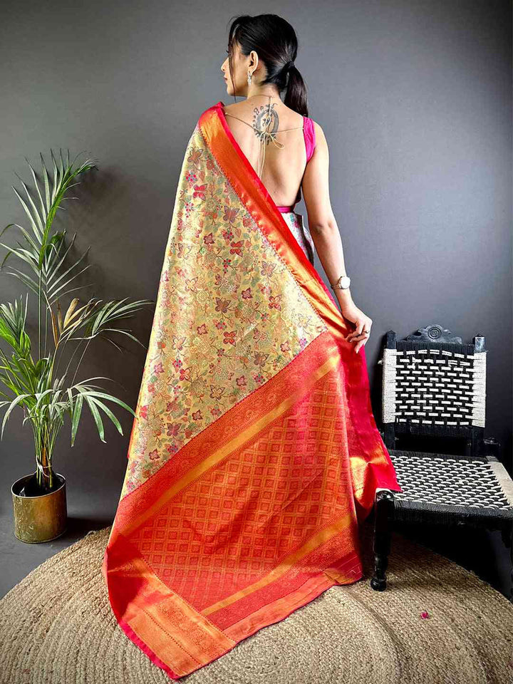 Orange & Pink Banarasi Soft Silk Saree with Floral Zari Weaving & Contrast Border
