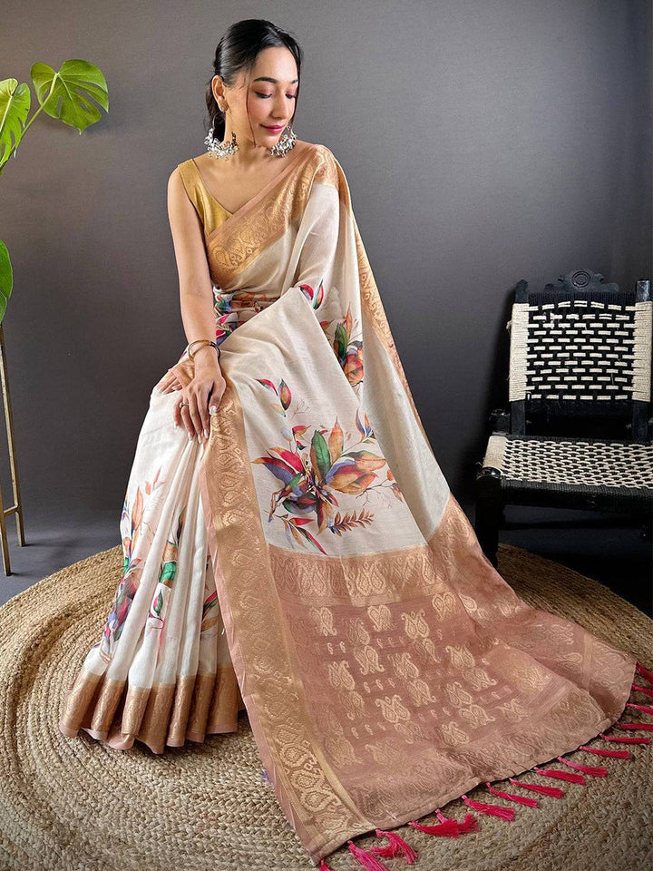 White & Peach Floral Print Soft Silk Saree with Rich Zari Border
