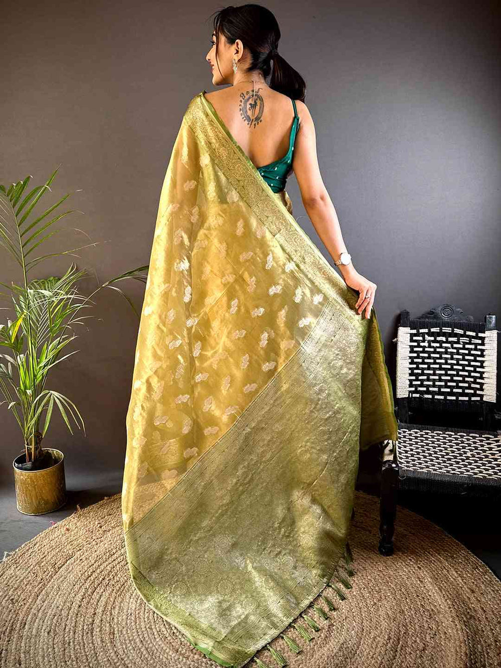 Olive Green Banarasi Soft Silk Saree with Silver Zari Woven Motifs & Tassel Pallu