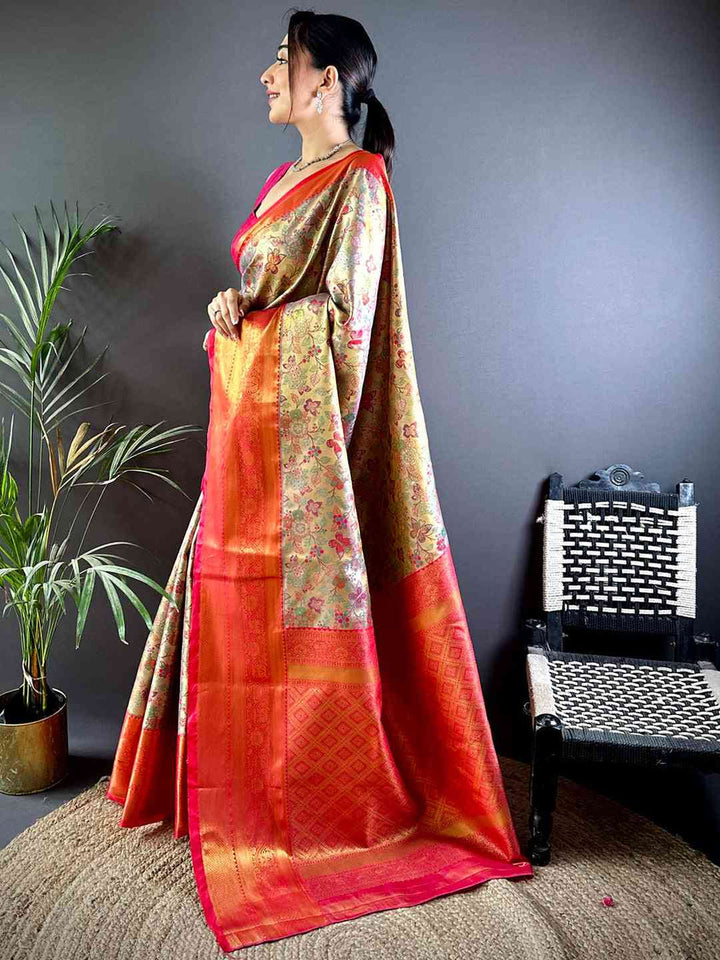Orange & Pink Banarasi Soft Silk Saree with Floral Zari Weaving & Contrast Border