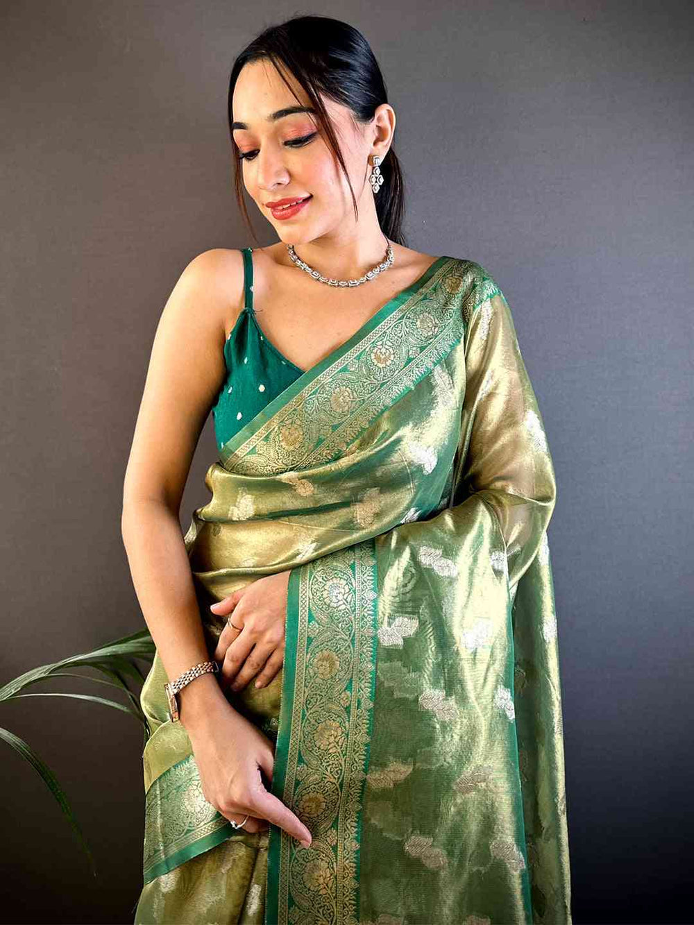 Pastel Green Banarasi Soft Silk Saree with Silver Zari Weaving & Contrast Green Border