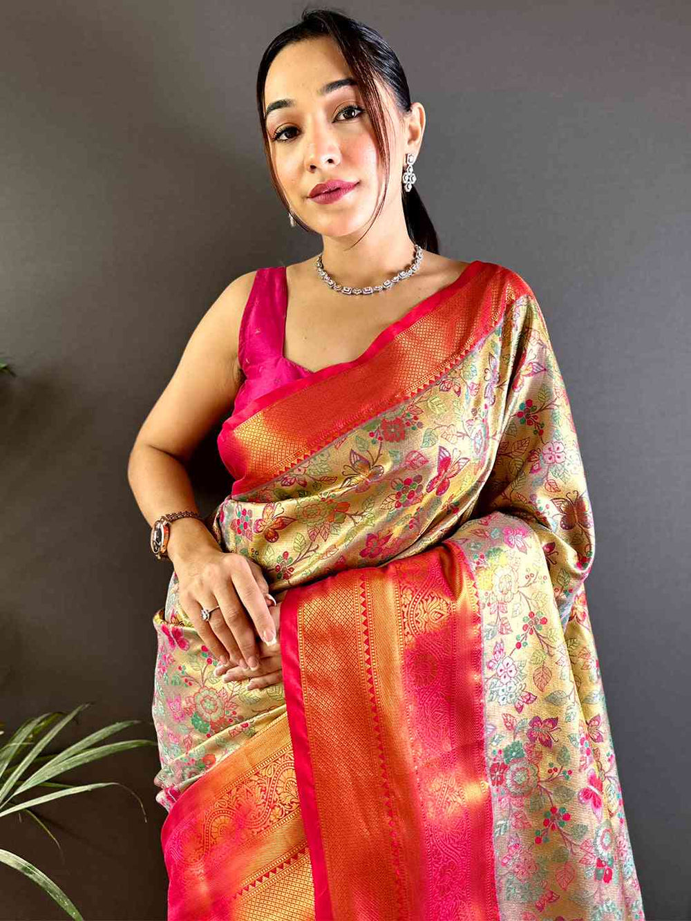 Orange & Pink Banarasi Soft Silk Saree with Floral Zari Weaving & Contrast Border