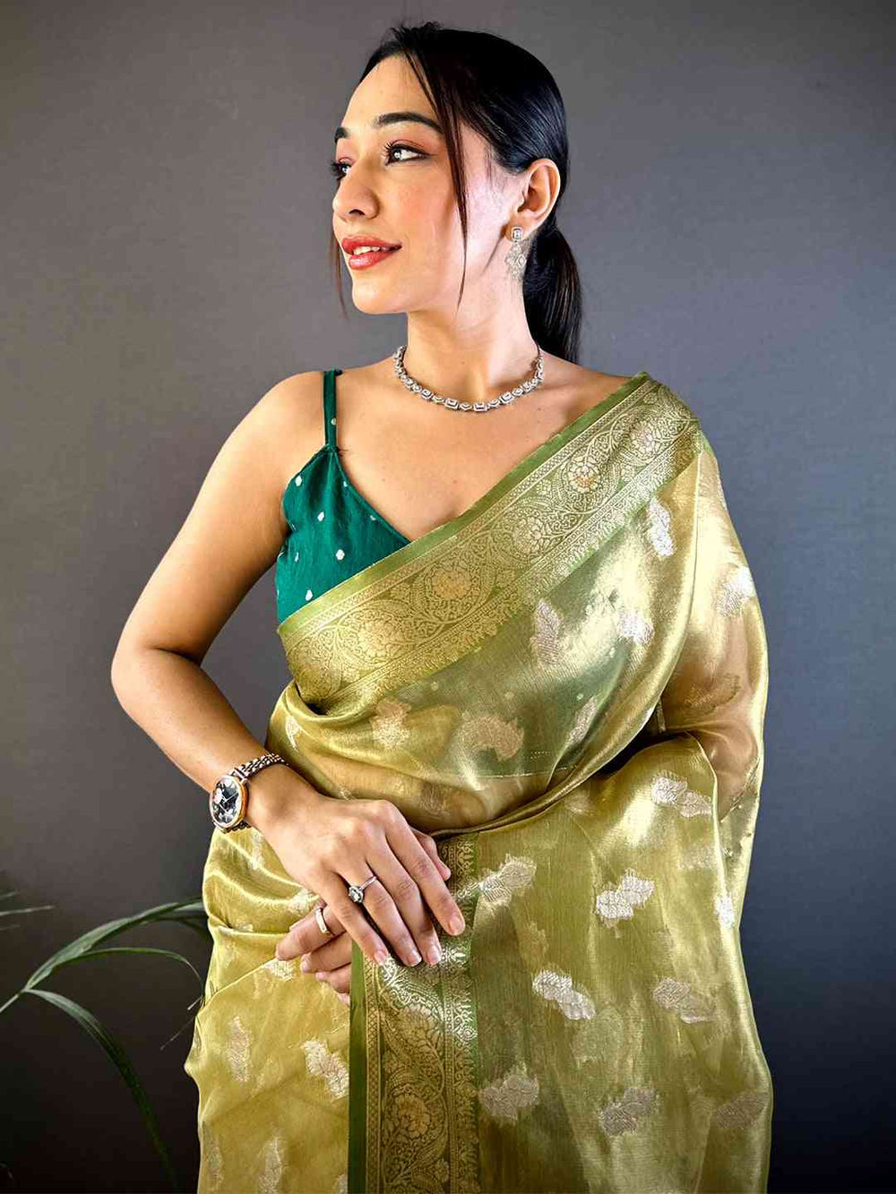 Olive Green Banarasi Soft Silk Saree with Silver Zari Woven Motifs & Tassel Pallu