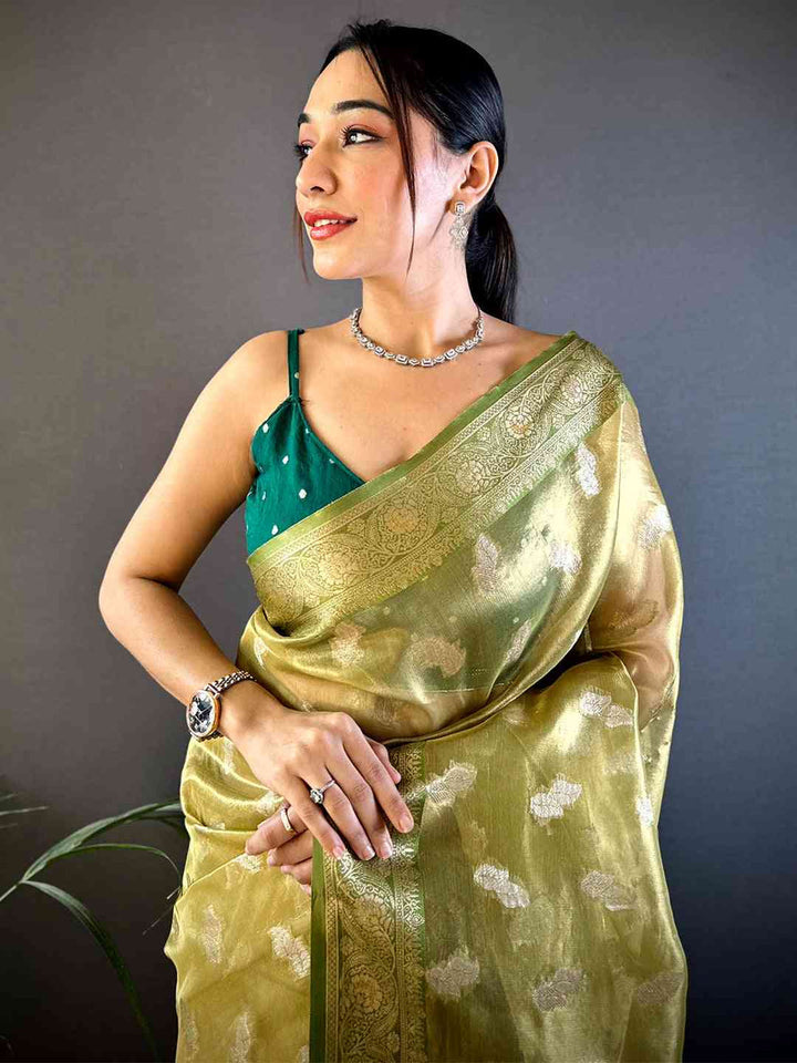 Olive Green Banarasi Soft Silk Saree with Silver Zari Woven Motifs & Tassel Pallu