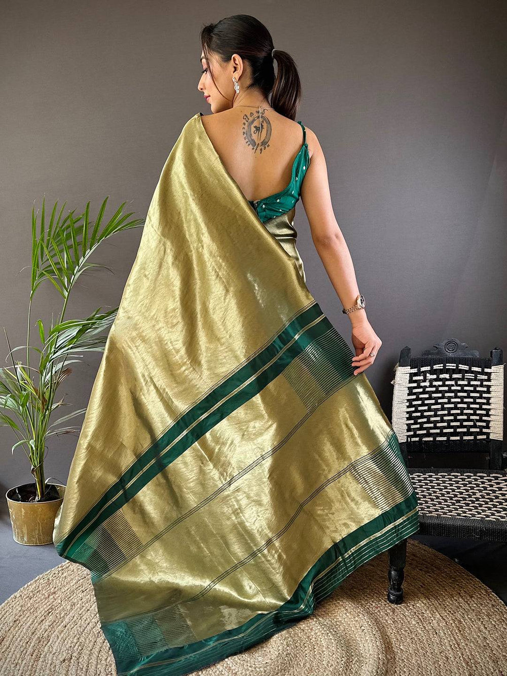 Olive Green Plain Soft Silk Saree with Contrast Bottle Green Border