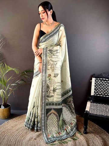Ivory Soft Silk Saree with Mughal Art Print & Green Contrast Border