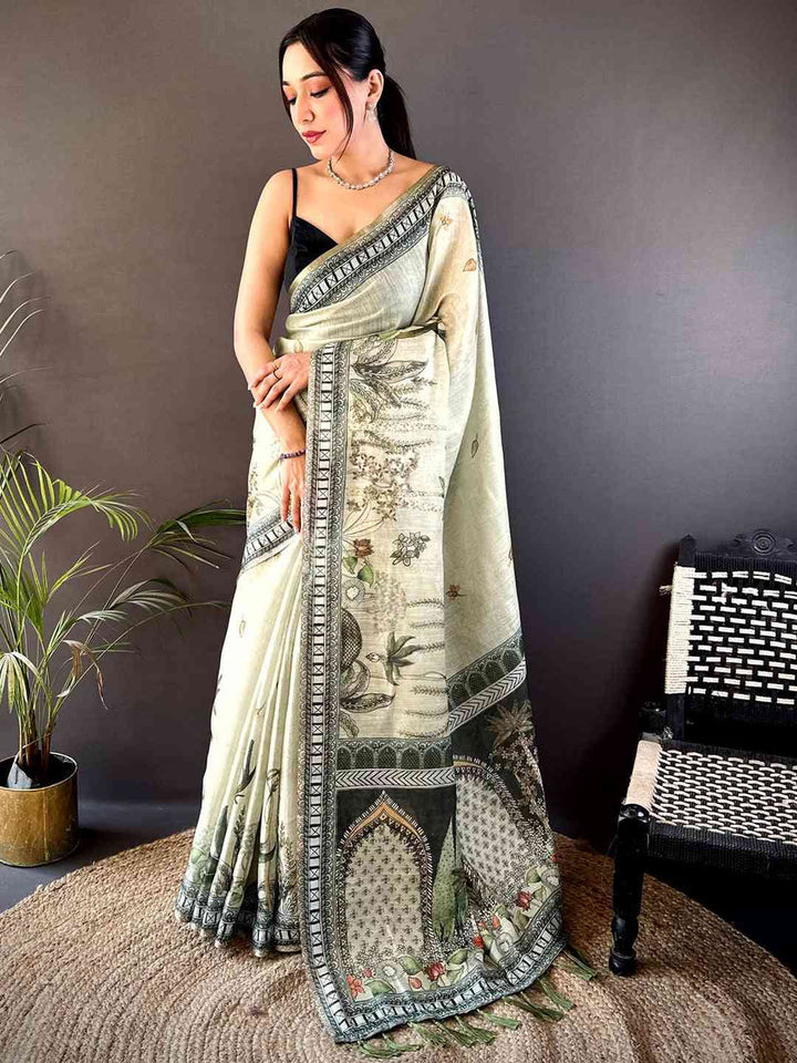 Ivory Soft Silk Saree with Mughal Art Print & Green Contrast Border