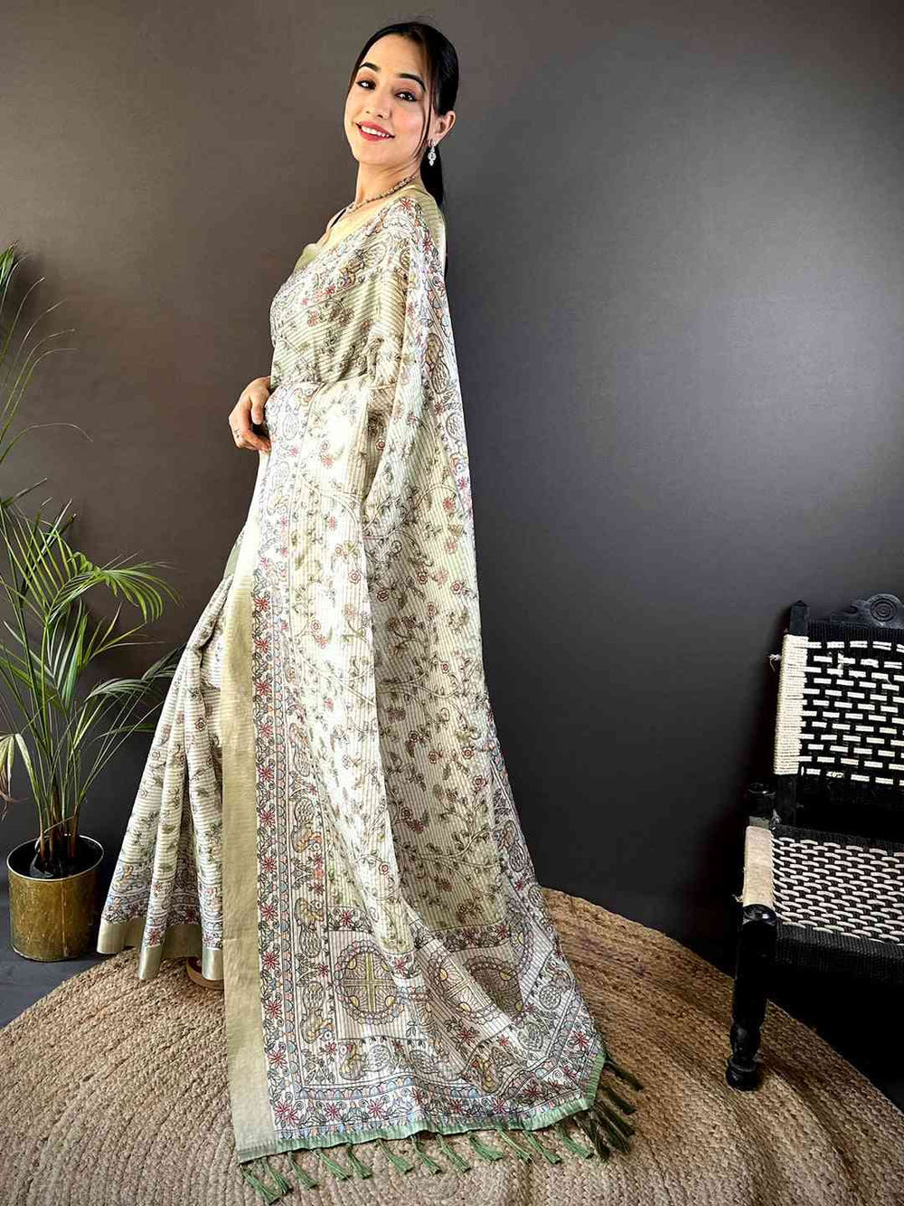 Ivory & Olive Soft Silk Saree with Intricate Floral Print & Traditional Border
