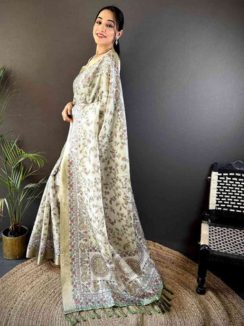 Ivory & Olive Soft Silk Saree with Intricate Floral Print & Traditional Border