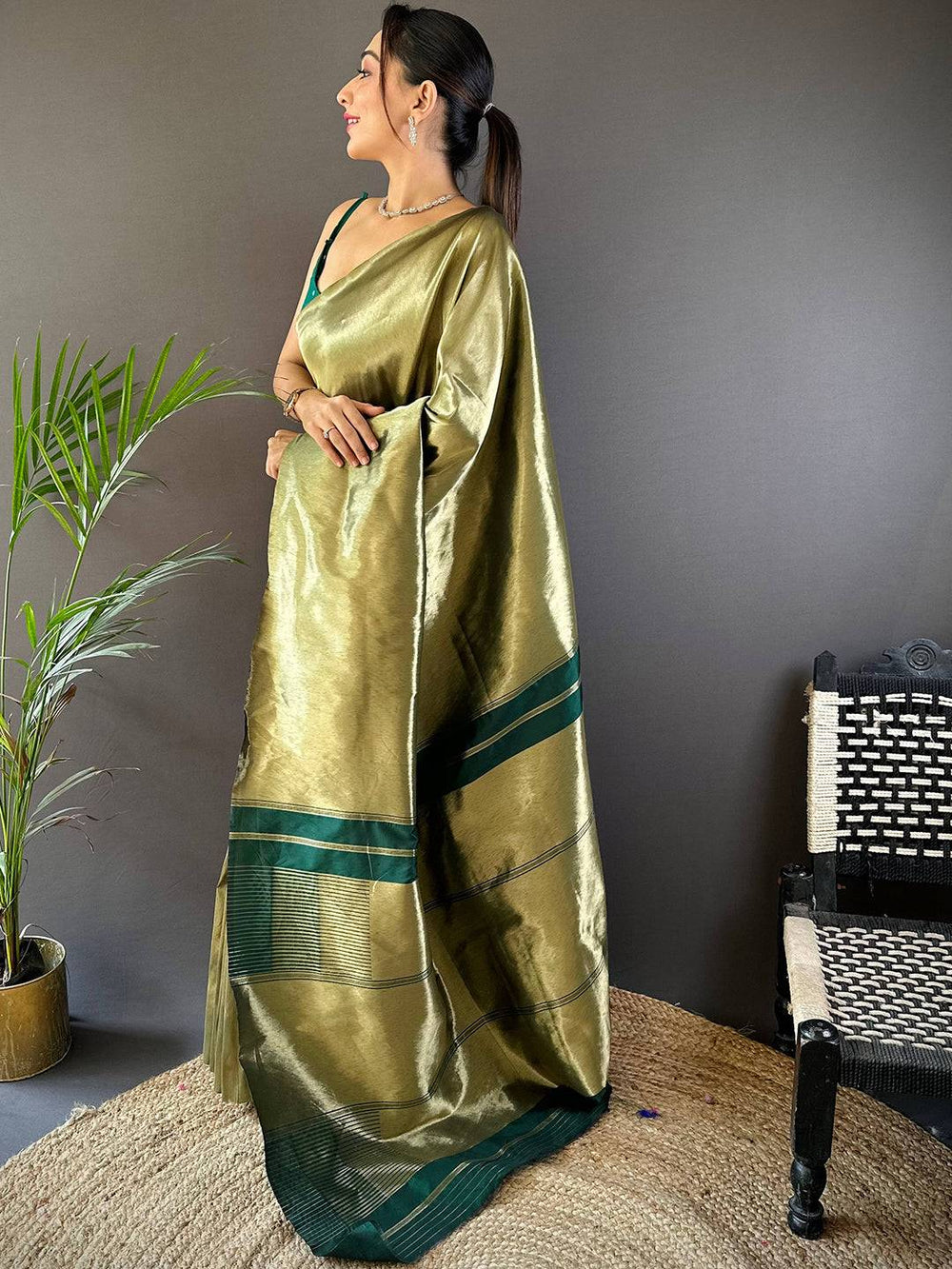 Olive Green Plain Soft Silk Saree with Contrast Bottle Green Border