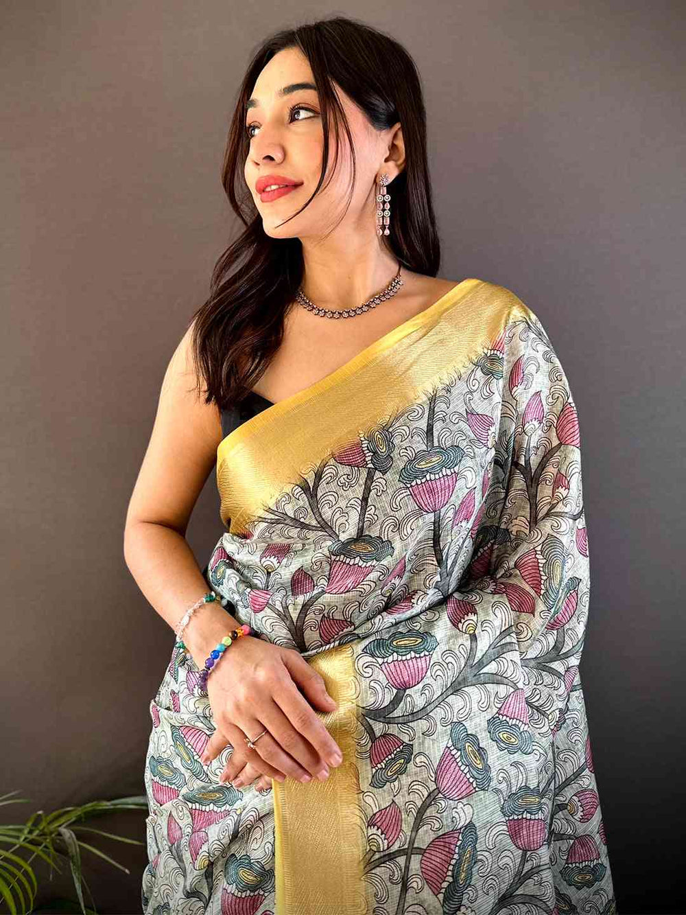Grey & Yellow Madhubani Soft Silk Saree with Traditional Folk Print & Tassel Pallu