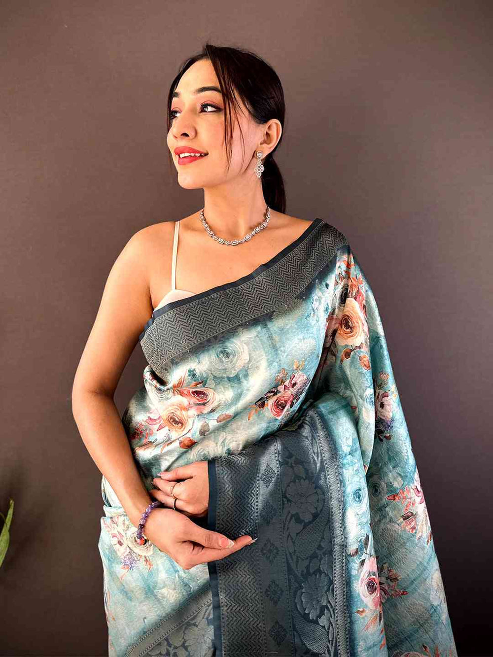 Teal Blue Soft Silk Saree with Floral Digital Print & Rich Jacquard Border