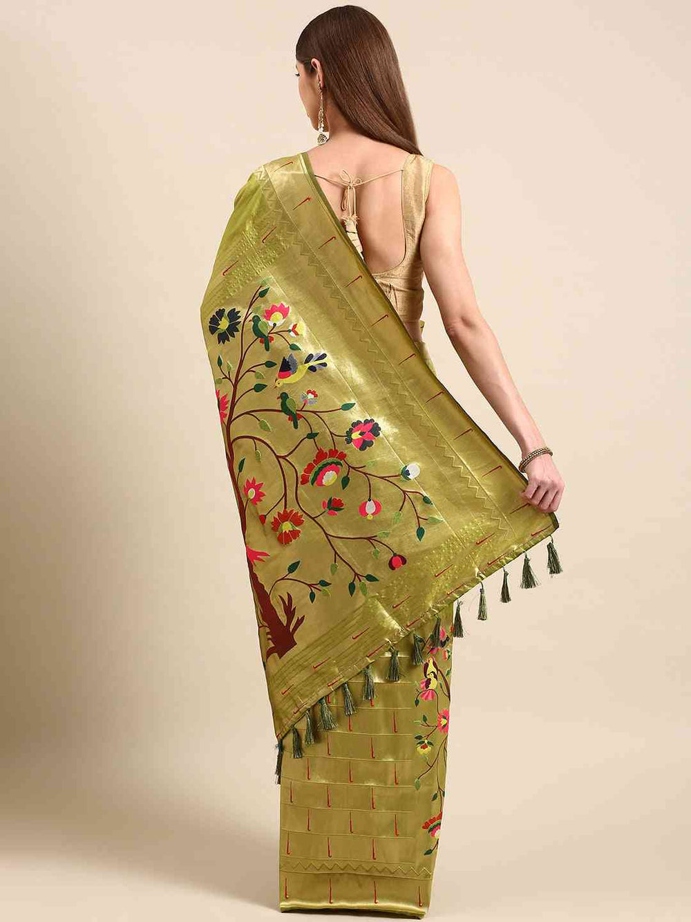 Olive Green Kanjivaram Silk Saree with Gold Zari Border & Multicolor Floral Weaving