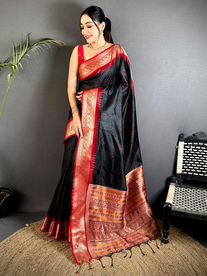 Black & Red Banarasi Silk Saree with Rich Golden Zari Border and Traditional Woven Pallu