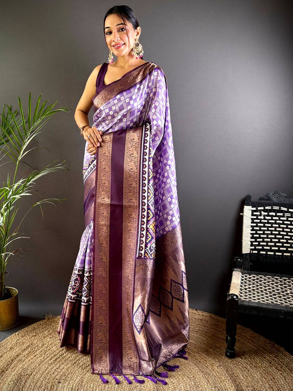 Purple Patola Design Soft Silk Saree with Copper Zari Border