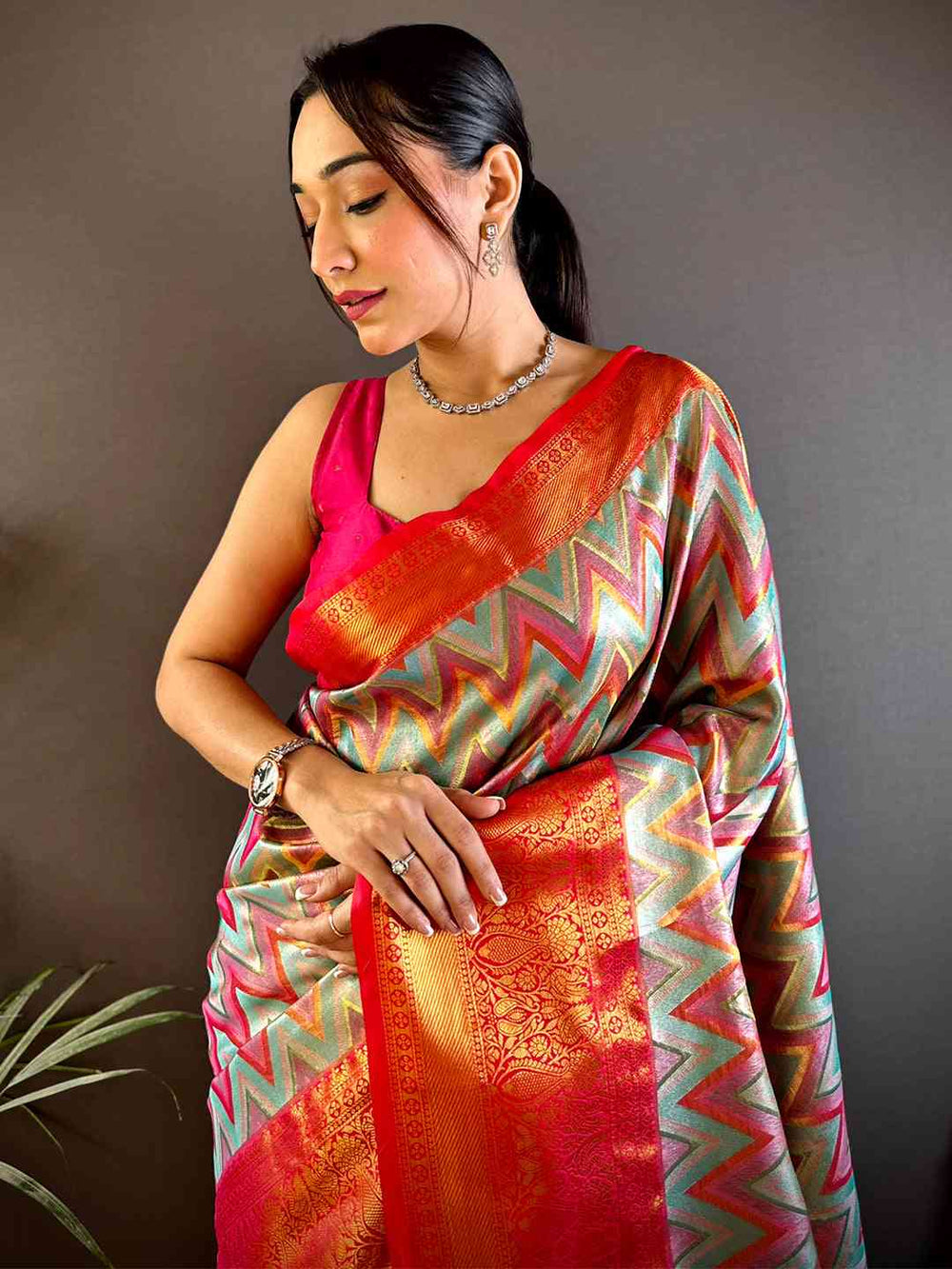 Orange & Pink Banarasi Soft Silk Saree with Floral Zari Weaving and Rich Contrast Border