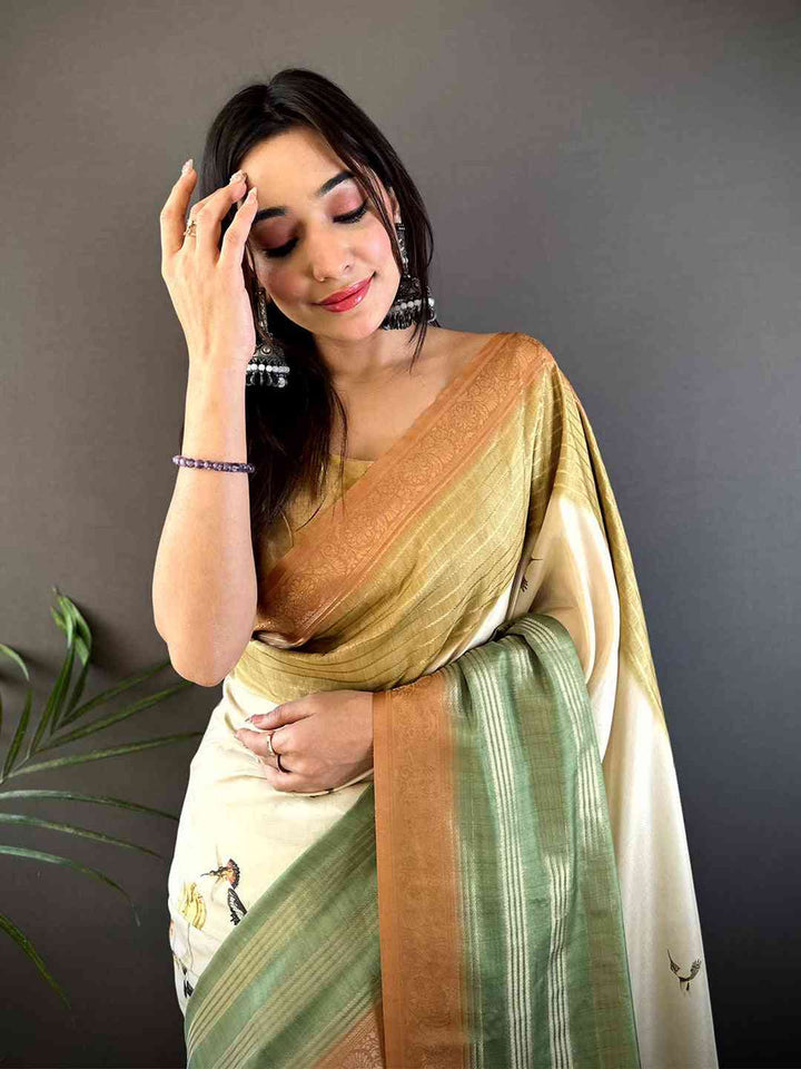 Cream & Sage Green Soft Silk Saree with Botanical Digital Print & Golden Zari Border