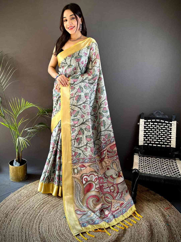Grey & Yellow Madhubani Soft Silk Saree with Traditional Folk Print & Tassel Pallu