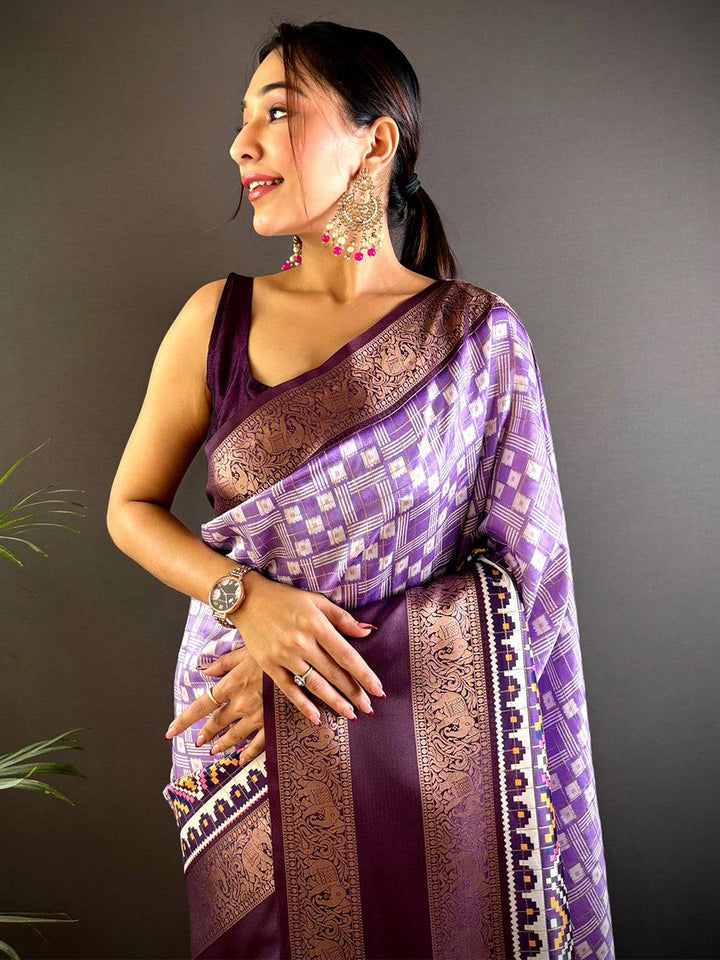 Purple Patola Design Soft Silk Saree with Copper Zari Border